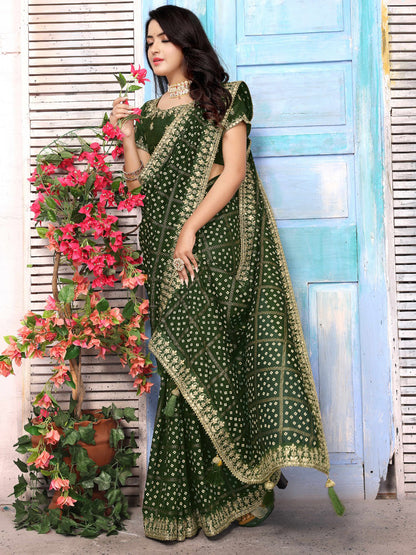 Women's Vichitra Silk Green Embellished Designer Saree With Blouse Piece