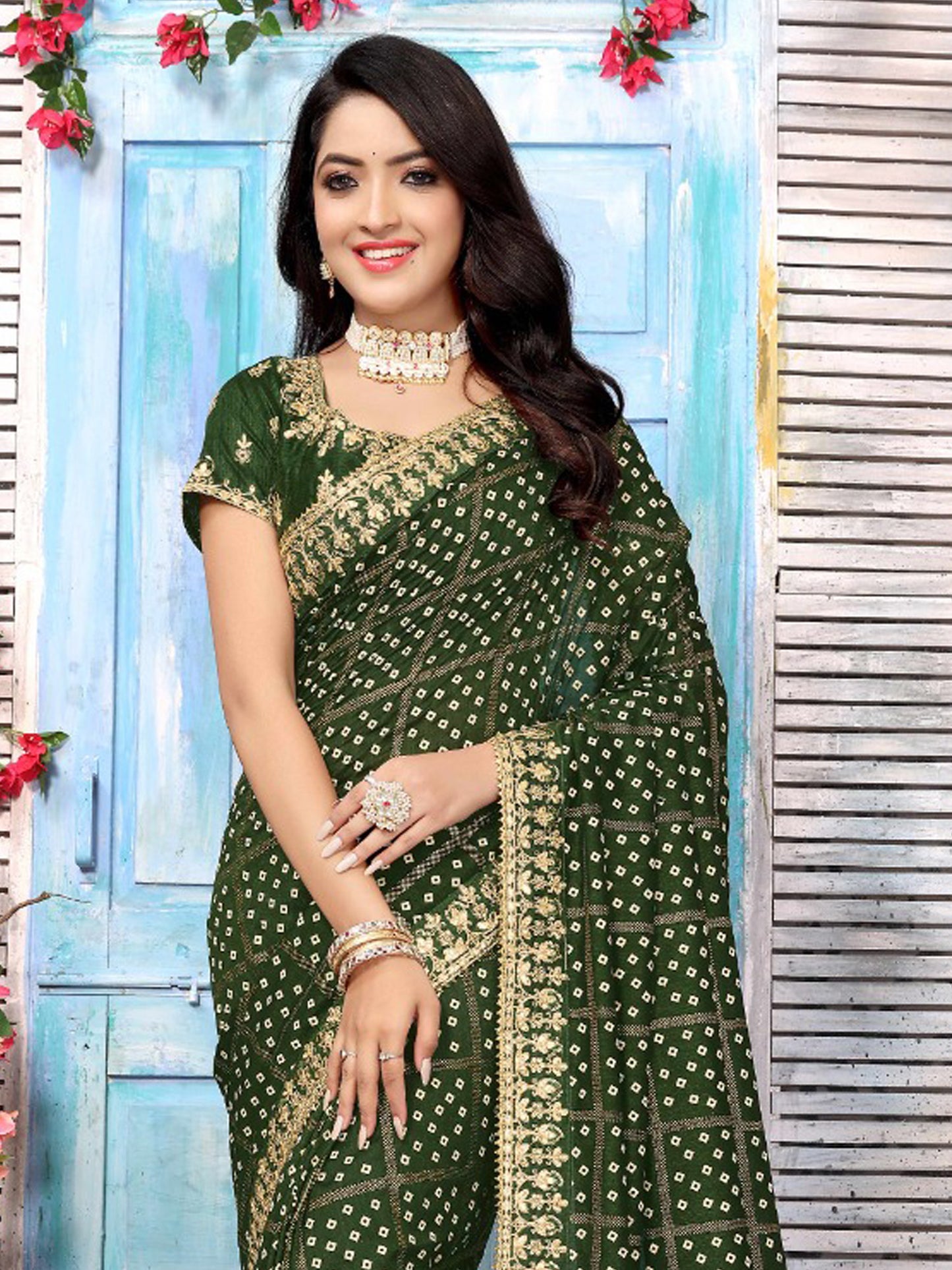 Women's Vichitra Silk Green Embellished Designer Saree With Blouse Piece