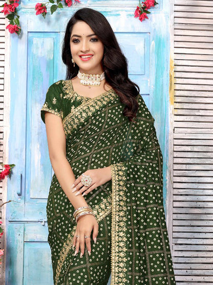 Women's Vichitra Silk Green Embellished Designer Saree With Blouse Piece