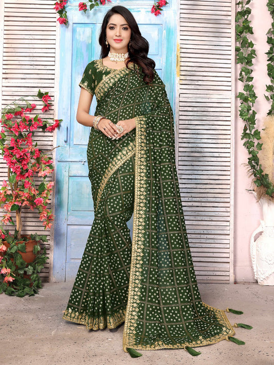 Women's Vichitra Silk Green Embellished Designer Saree With Blouse Piece