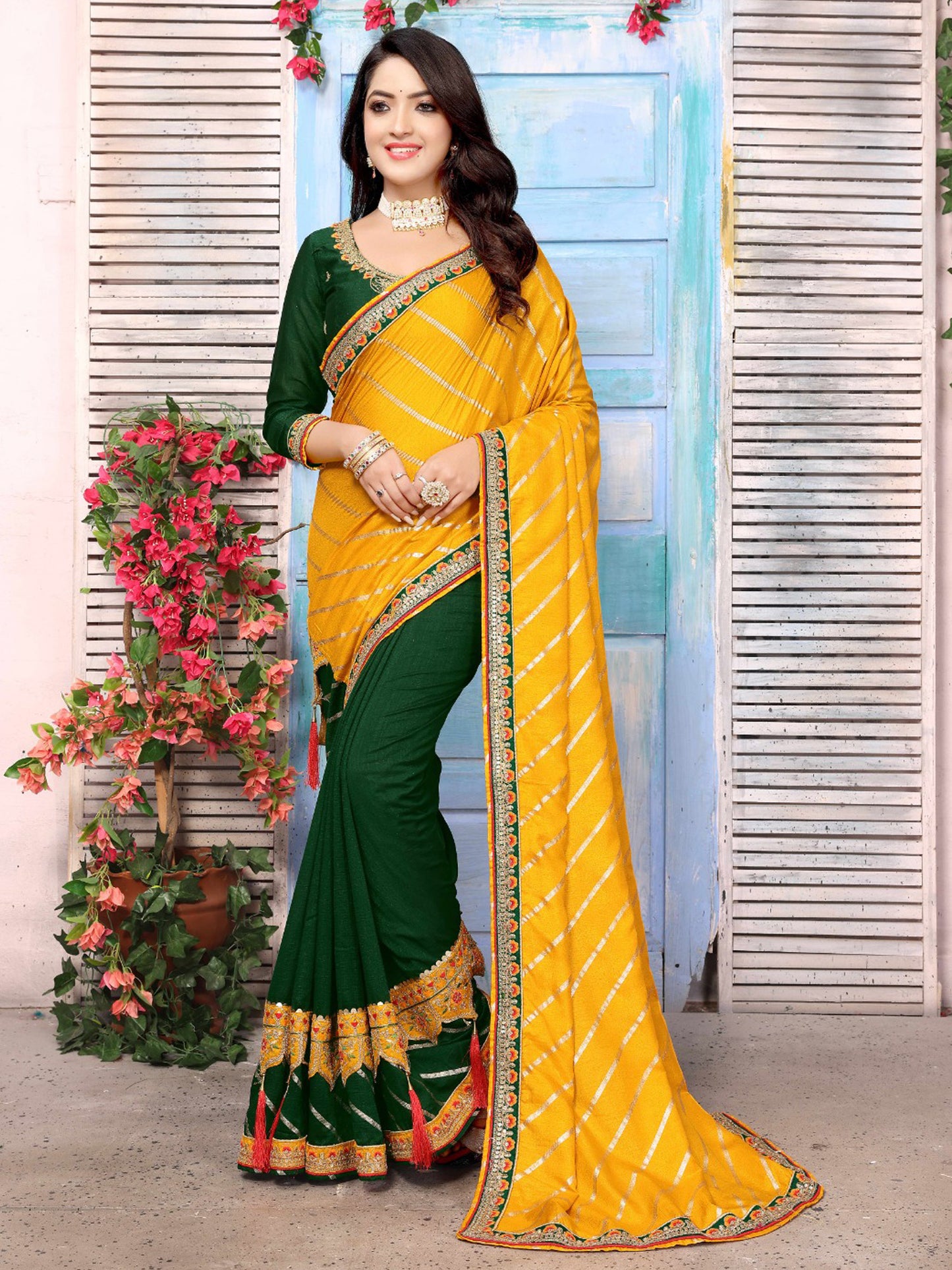 Women's Dola Silk Yellow Embellished Designer Saree With Blouse Piece