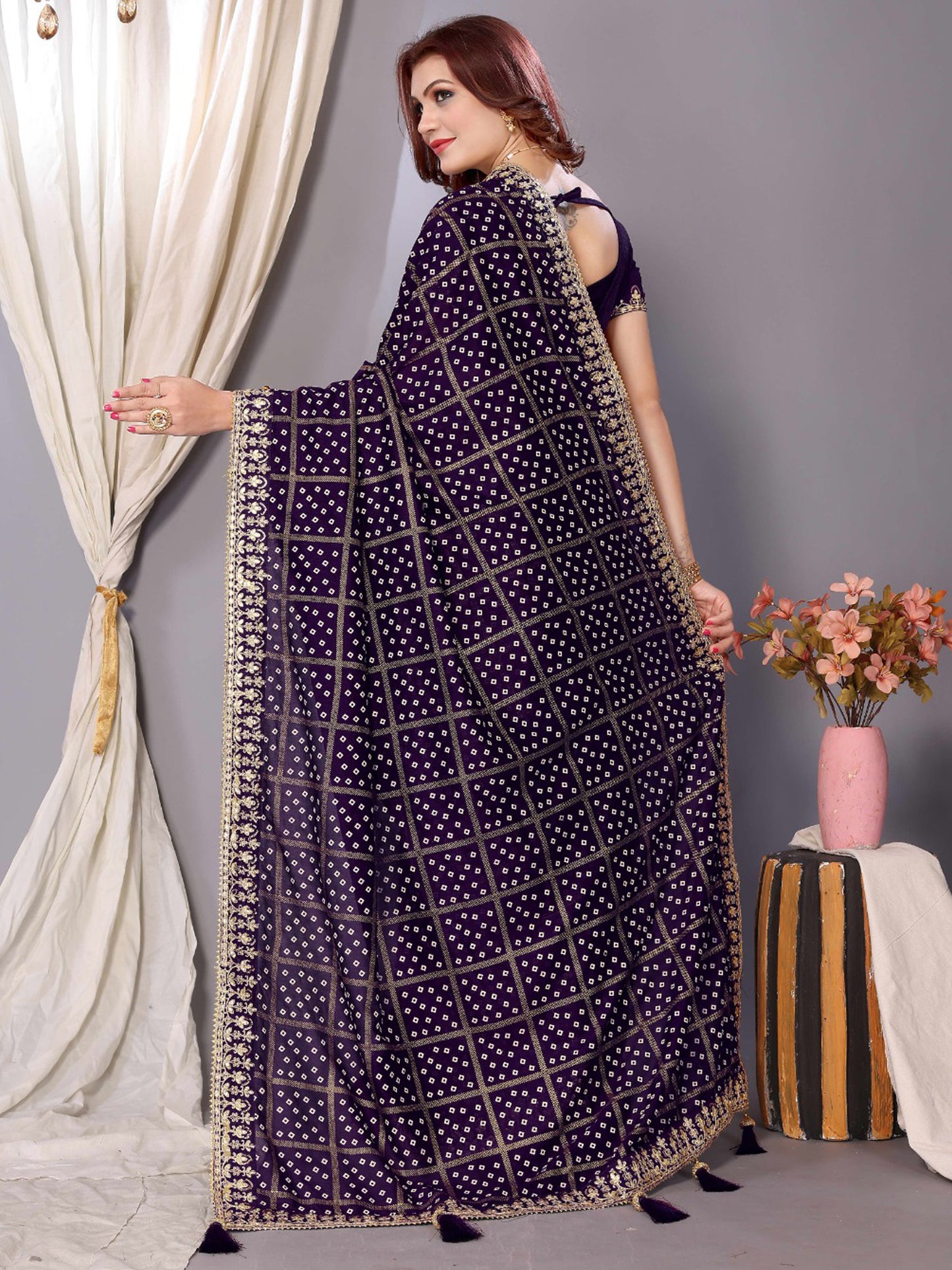 Women's Vichitra Silk Purple Embellished Designer Saree With Blouse Piece