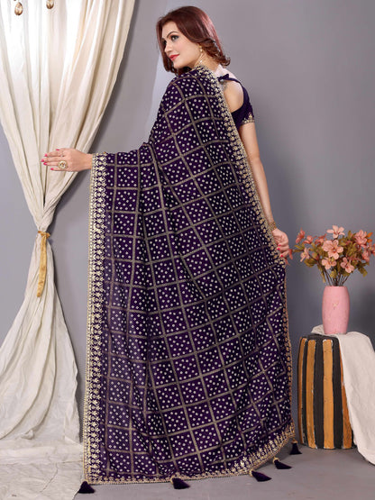 Women's Vichitra Silk Purple Embellished Designer Saree With Blouse Piece