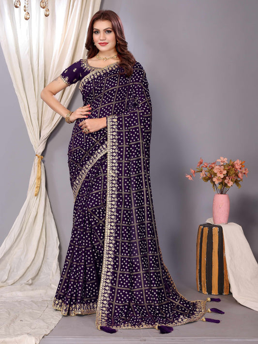 Women's Vichitra Silk Purple Embellished Designer Saree With Blouse Piece