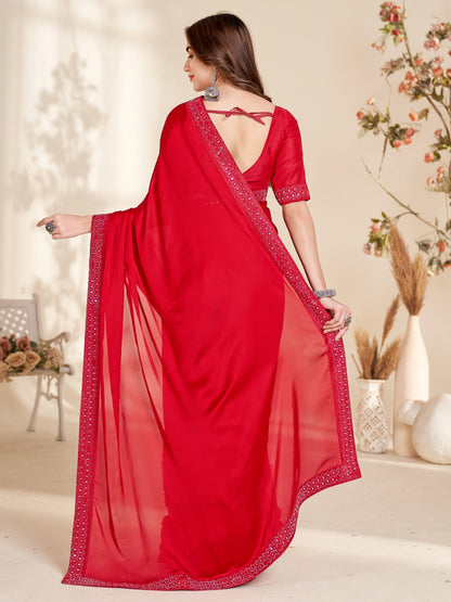 Women's Georgette Red Embellished Celebrity Saree With Blouse Piece
