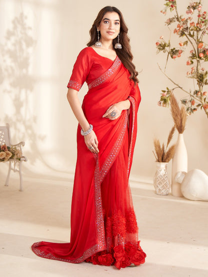 Women's Georgette Red Embellished Celebrity Saree With Blouse Piece