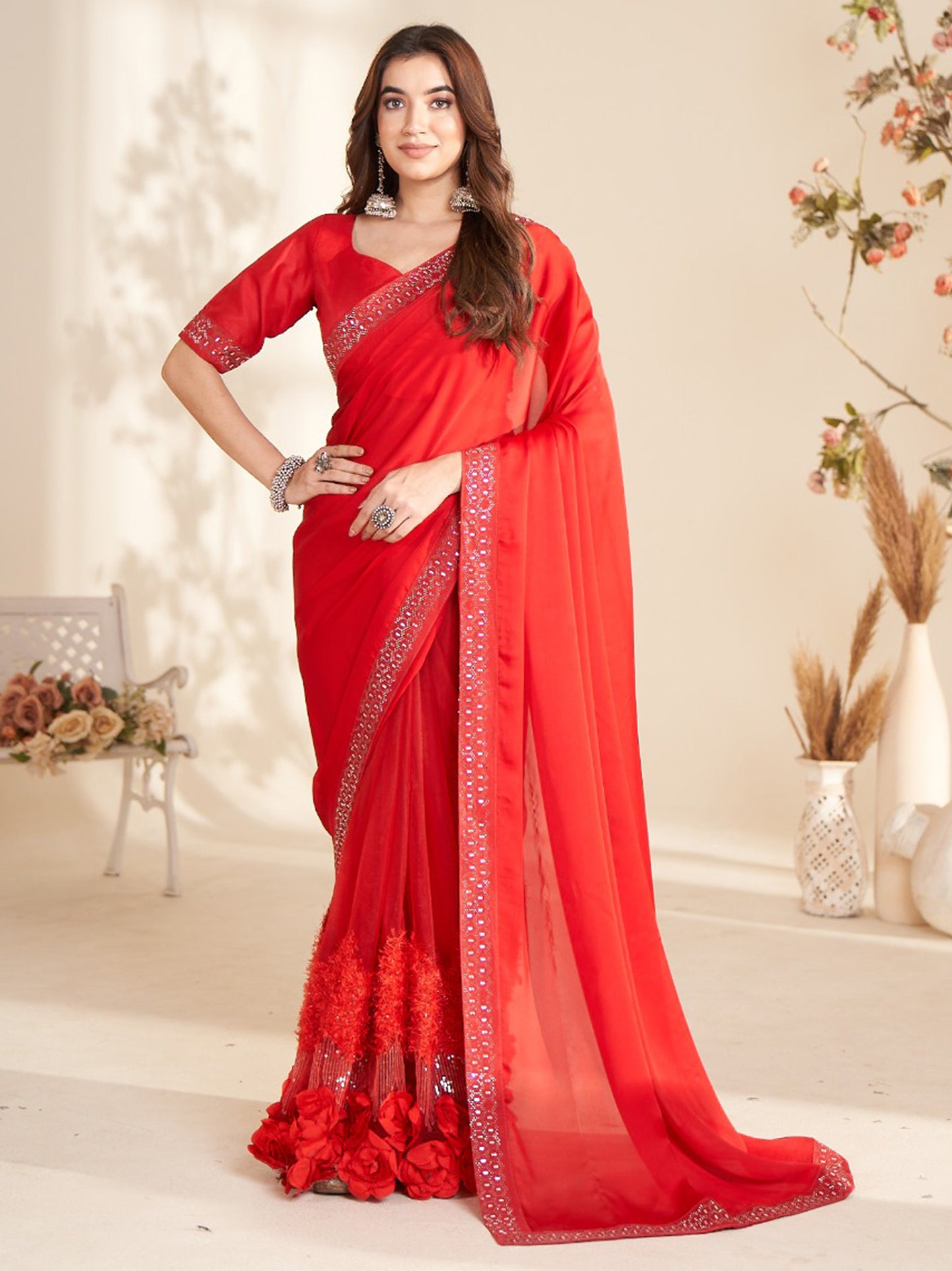 Women's Georgette Red Embellished Celebrity Saree With Blouse Piece