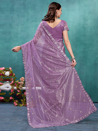 Women's Organza Mauve Embellished Designer Saree With Blouse Piece