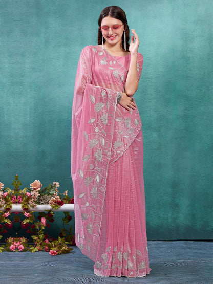 Women's Organza Pink Embellished Designer Saree With Blouse Piece
