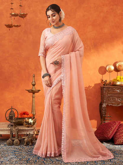 Women's Chiffon Peach Embellished Designer Saree With Blouse Piece