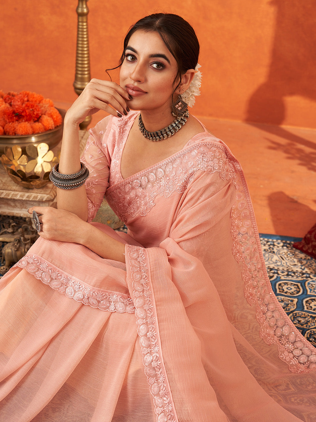 Women's Chiffon Peach Embellished Designer Saree With Blouse Piece