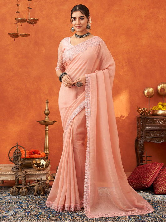 Women's Chiffon Peach Embellished Designer Saree With Blouse Piece
