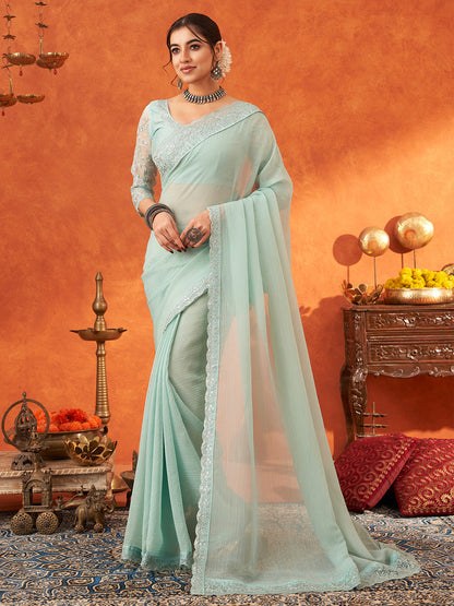 Women's Chiffon Sea Green Embellished Designer Saree With Blouse Piece