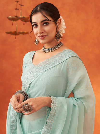 Women's Chiffon Sea Green Embellished Designer Saree With Blouse Piece