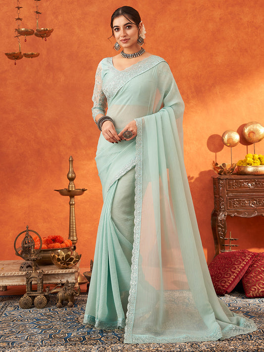 Women's Chiffon Sea Green Embellished Designer Saree With Blouse Piece