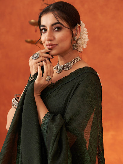 Women's Chiffon Green Embellished Designer Saree With Blouse Piece