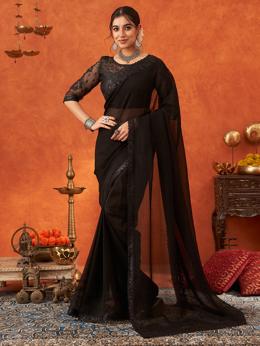 Women's Chiffon Black Embellished Designer Saree With Blouse Piece