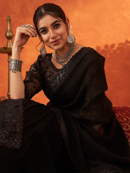 Women's Chiffon Black Embellished Designer Saree With Blouse Piece