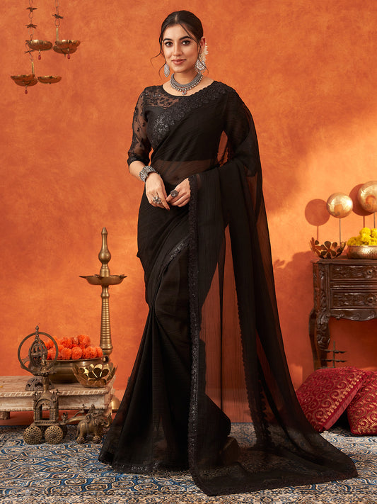 Women's Chiffon Black Embellished Designer Saree With Blouse Piece