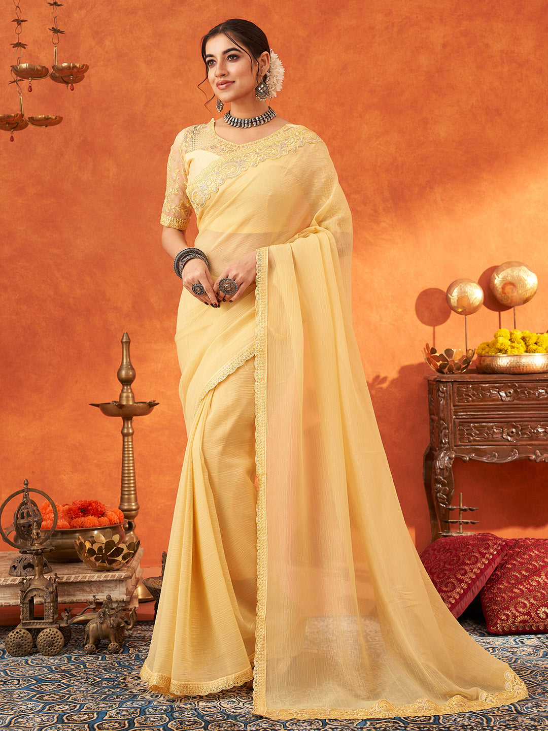 Women's Chiffon Yellow Embellished Designer Saree With Blouse Piece