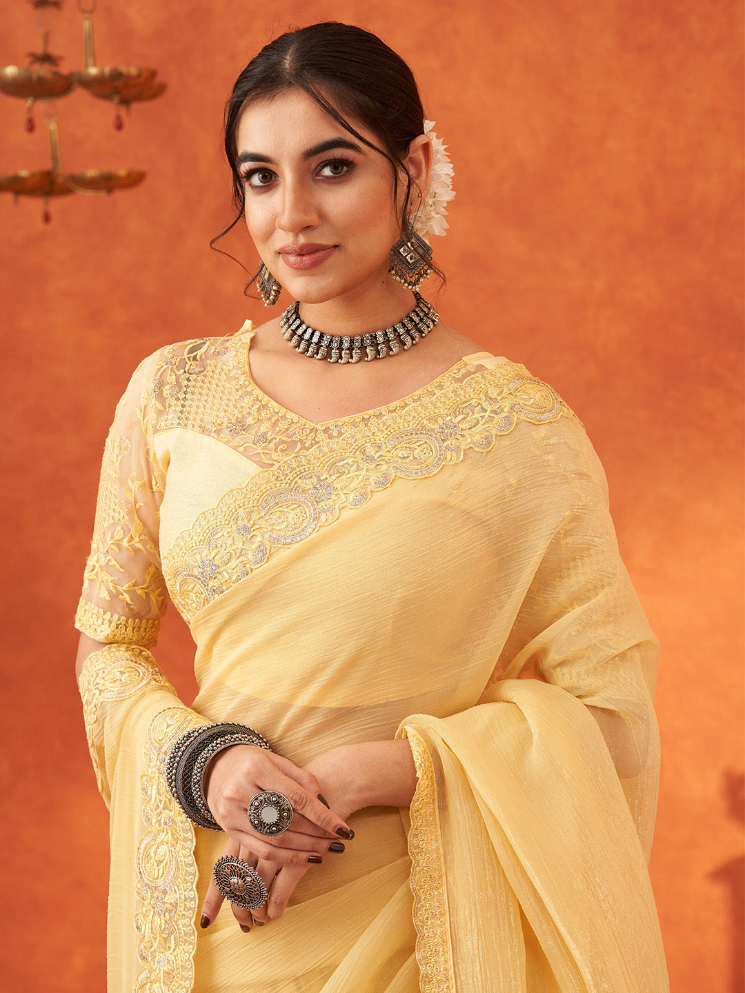 Women's Chiffon Yellow Embellished Designer Saree With Blouse Piece