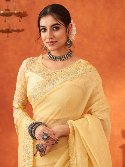 Women's Chiffon Yellow Embellished Designer Saree With Blouse Piece