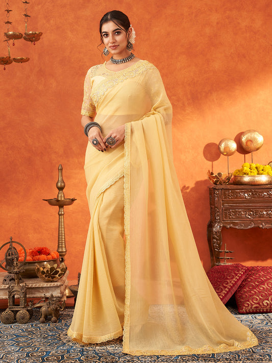Women's Chiffon Yellow Embellished Designer Saree With Blouse Piece