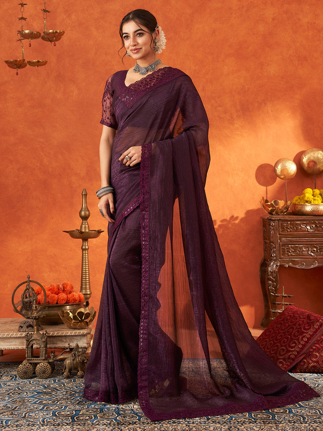 Women's Chiffon Purple Embellished Designer Saree With Blouse Piece