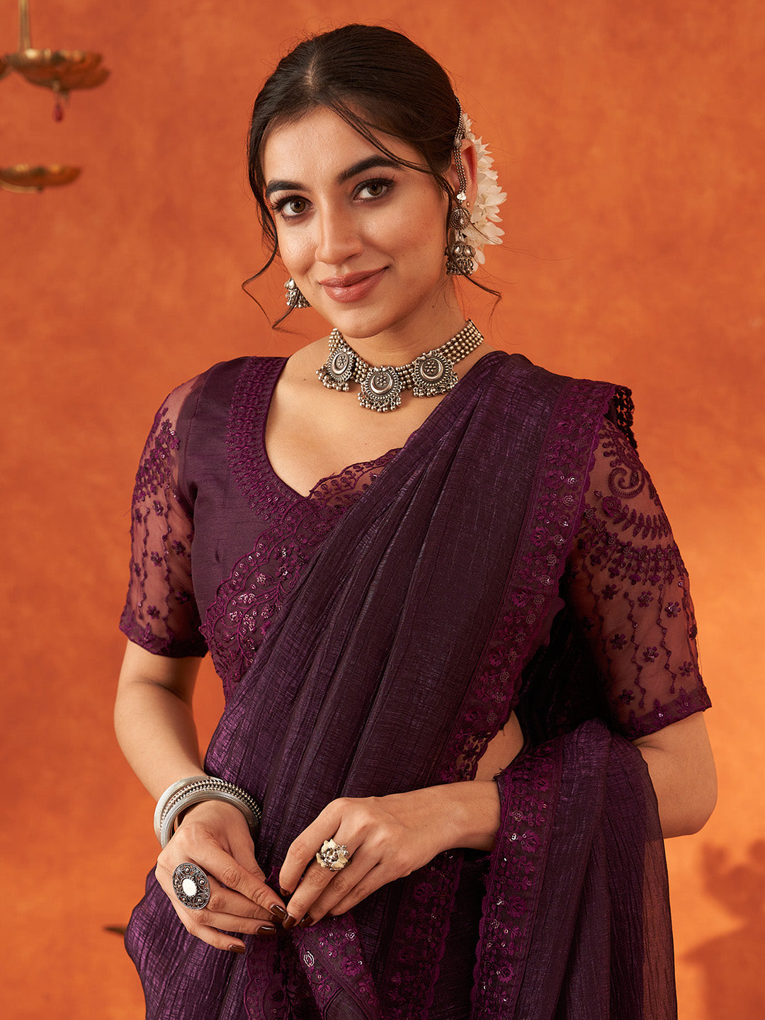 Women's Chiffon Purple Embellished Designer Saree With Blouse Piece