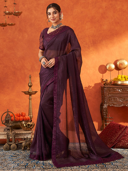 Women's Chiffon Purple Embellished Designer Saree With Blouse Piece