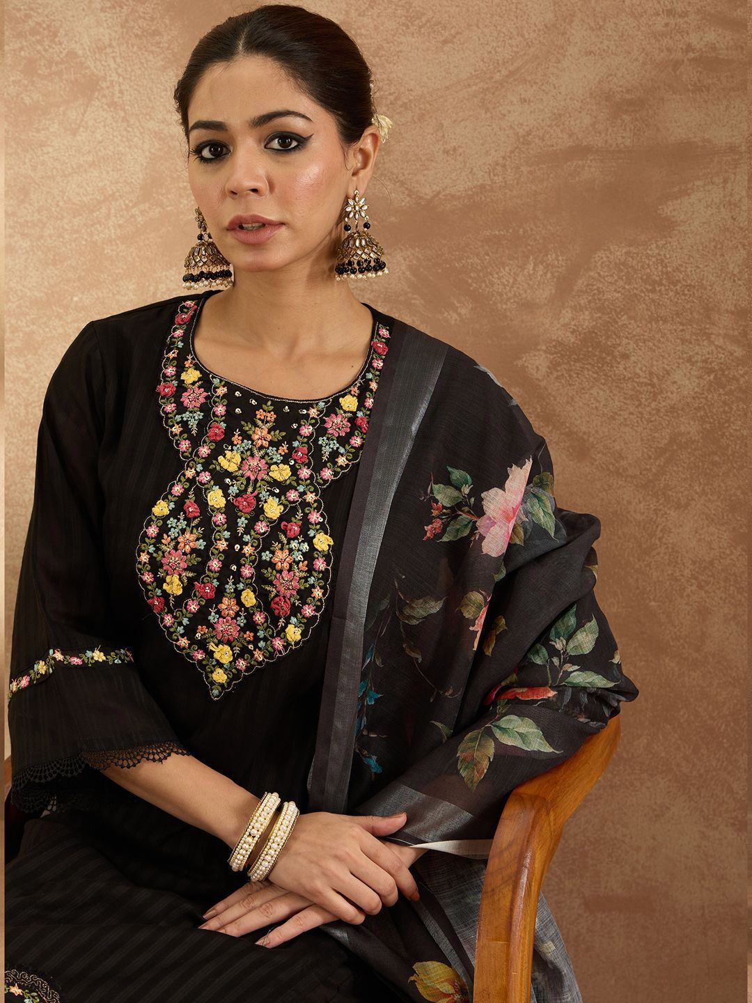 Women Floral Embroidered Pure Cotton Kurta with Trousers & Dupatta