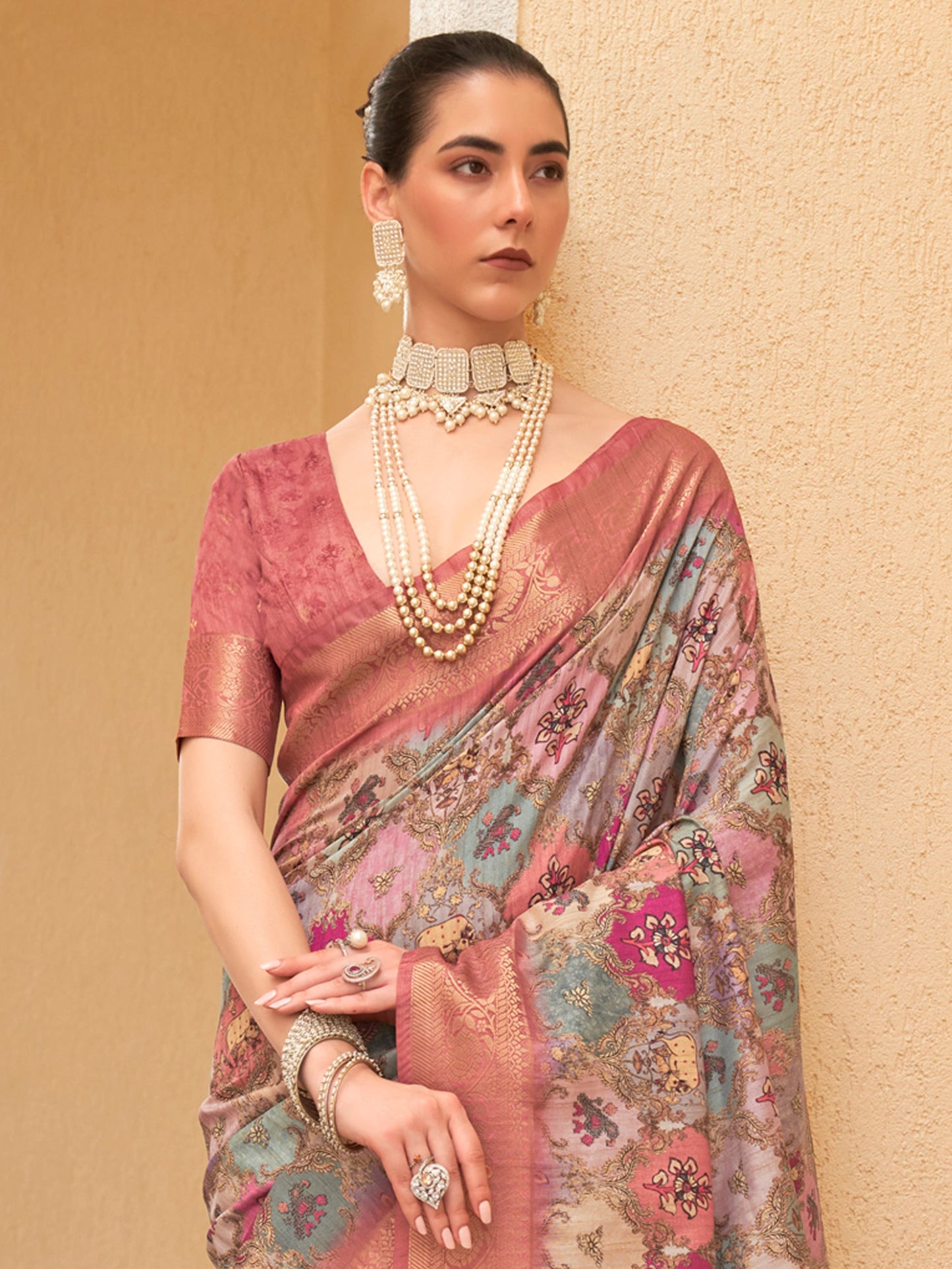 Women's Tussar Silk Blue Digital Print Designer Saree With Blouse Piece
