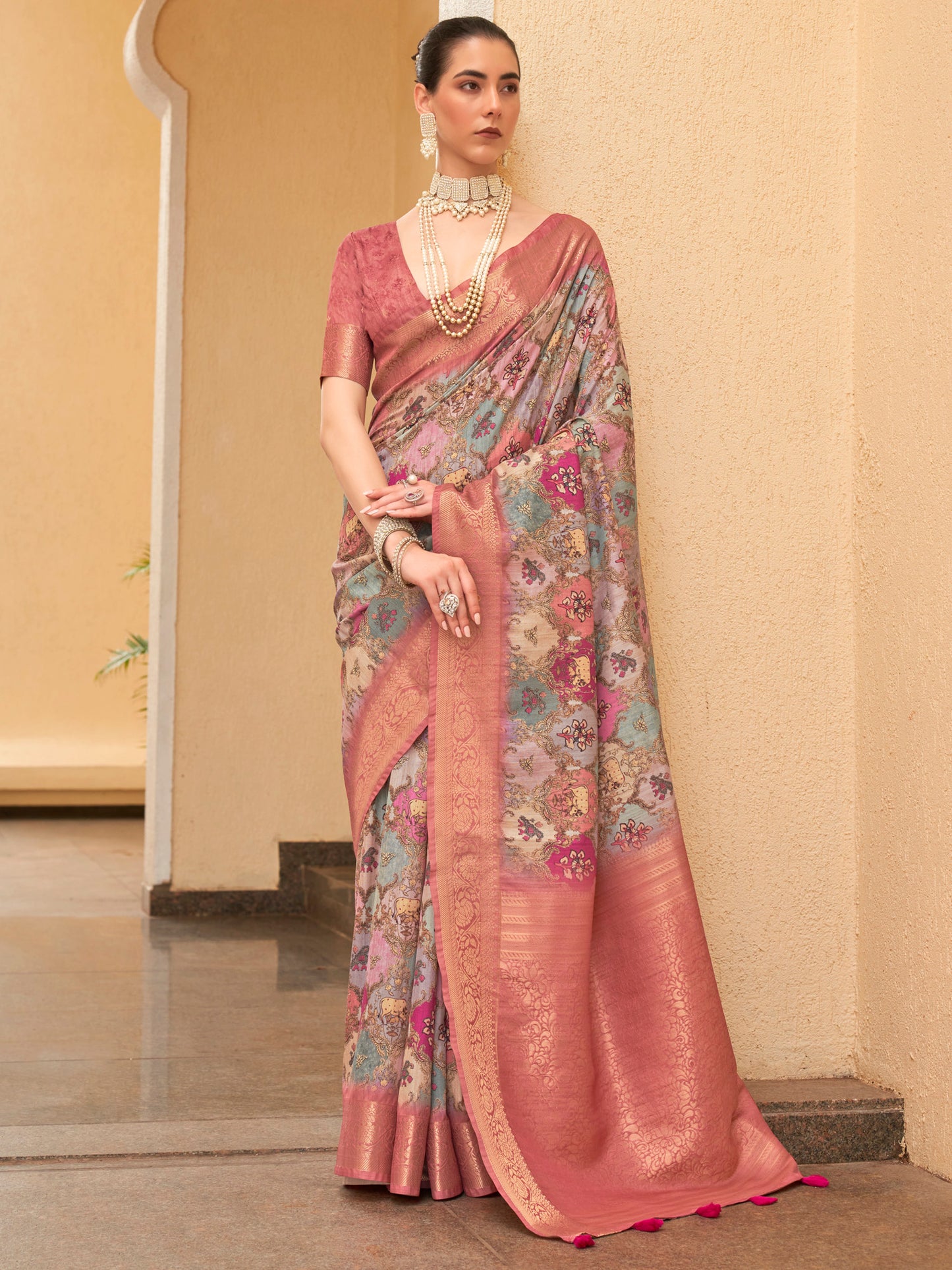 Women's Tussar Silk Blue Digital Print Designer Saree With Blouse Piece
