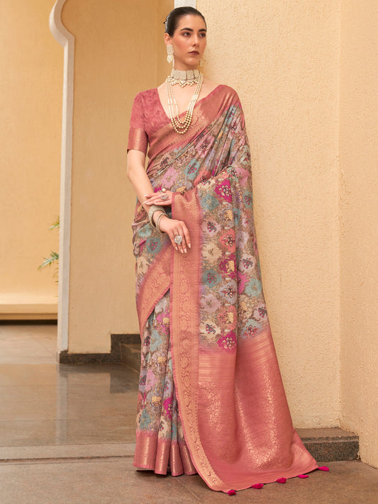 Women's Tussar Silk Blue Digital Print Designer Saree With Blouse Piece