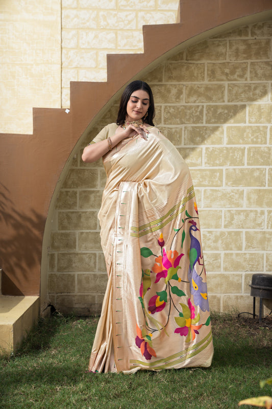 Dhiyona GR Women's Antara Cream Paithani Soft Blended Silk Saree
