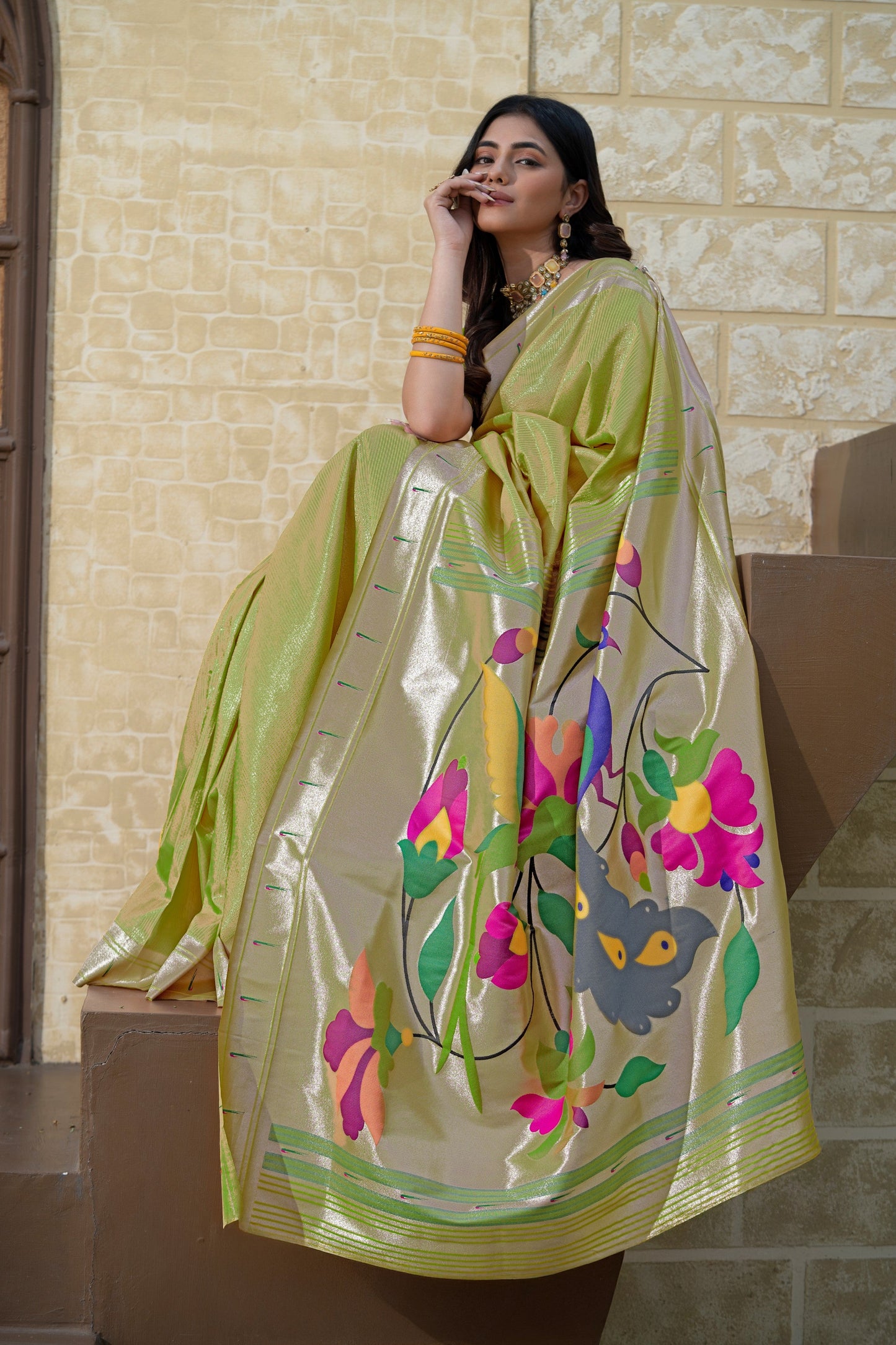 Dhiyona GR Women's Antara Green Paithani Soft Blended Silk Saree