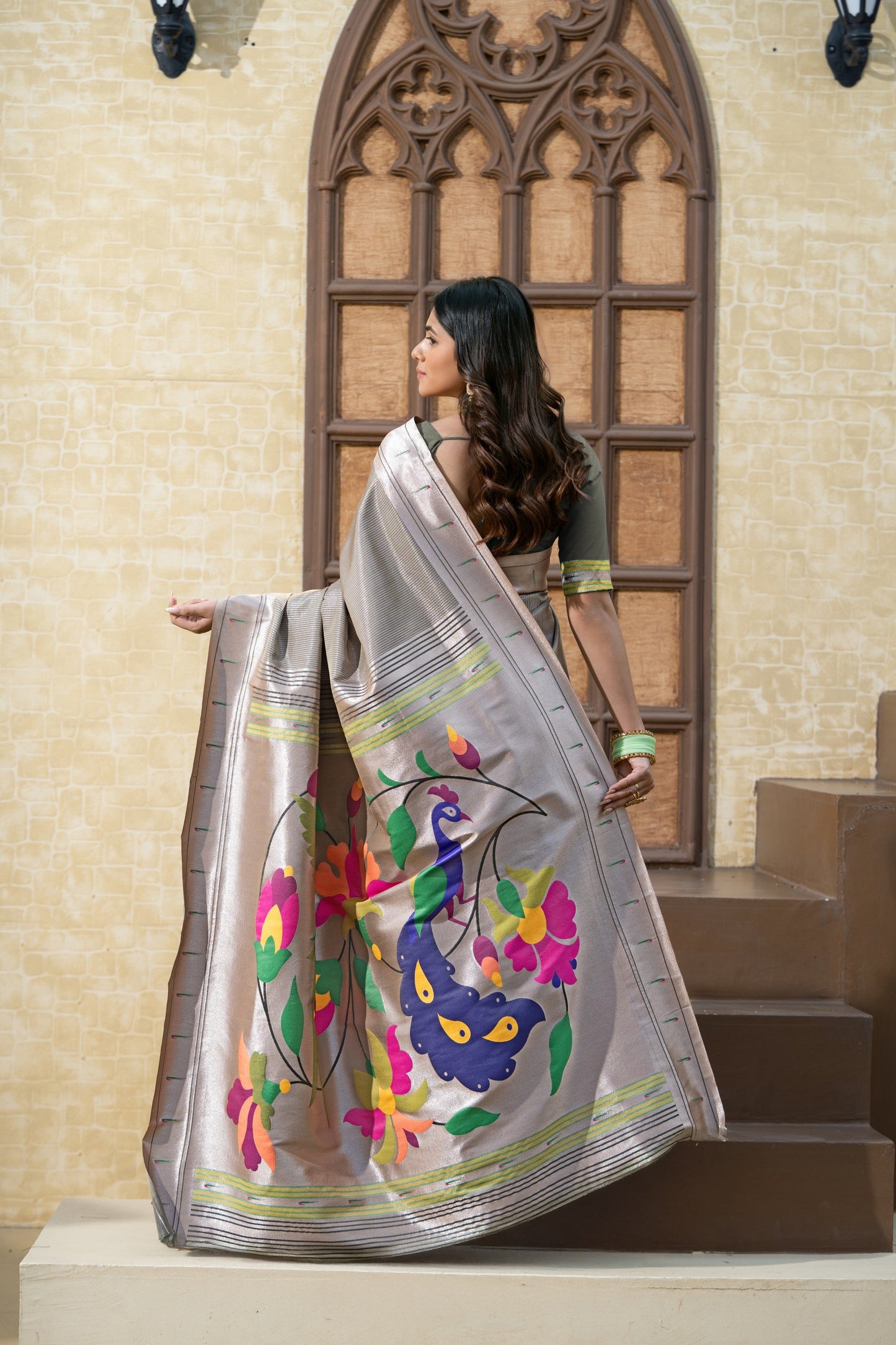 Dhiyona GR Women's Antara Grey Paithani Soft Blended Silk Saree