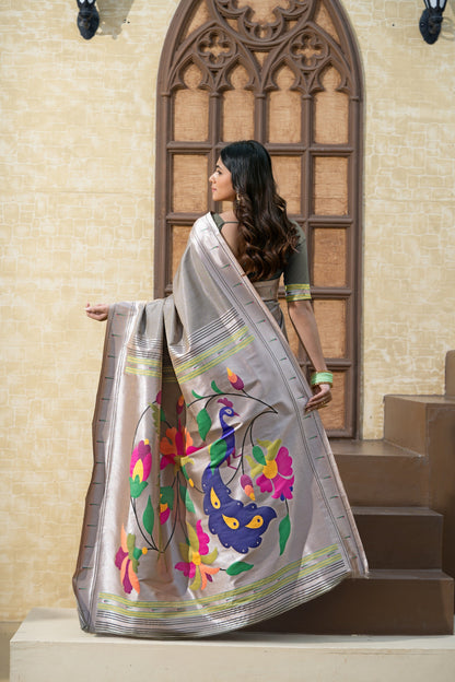 Dhiyona GR Women's Antara Grey Paithani Soft Blended Silk Saree