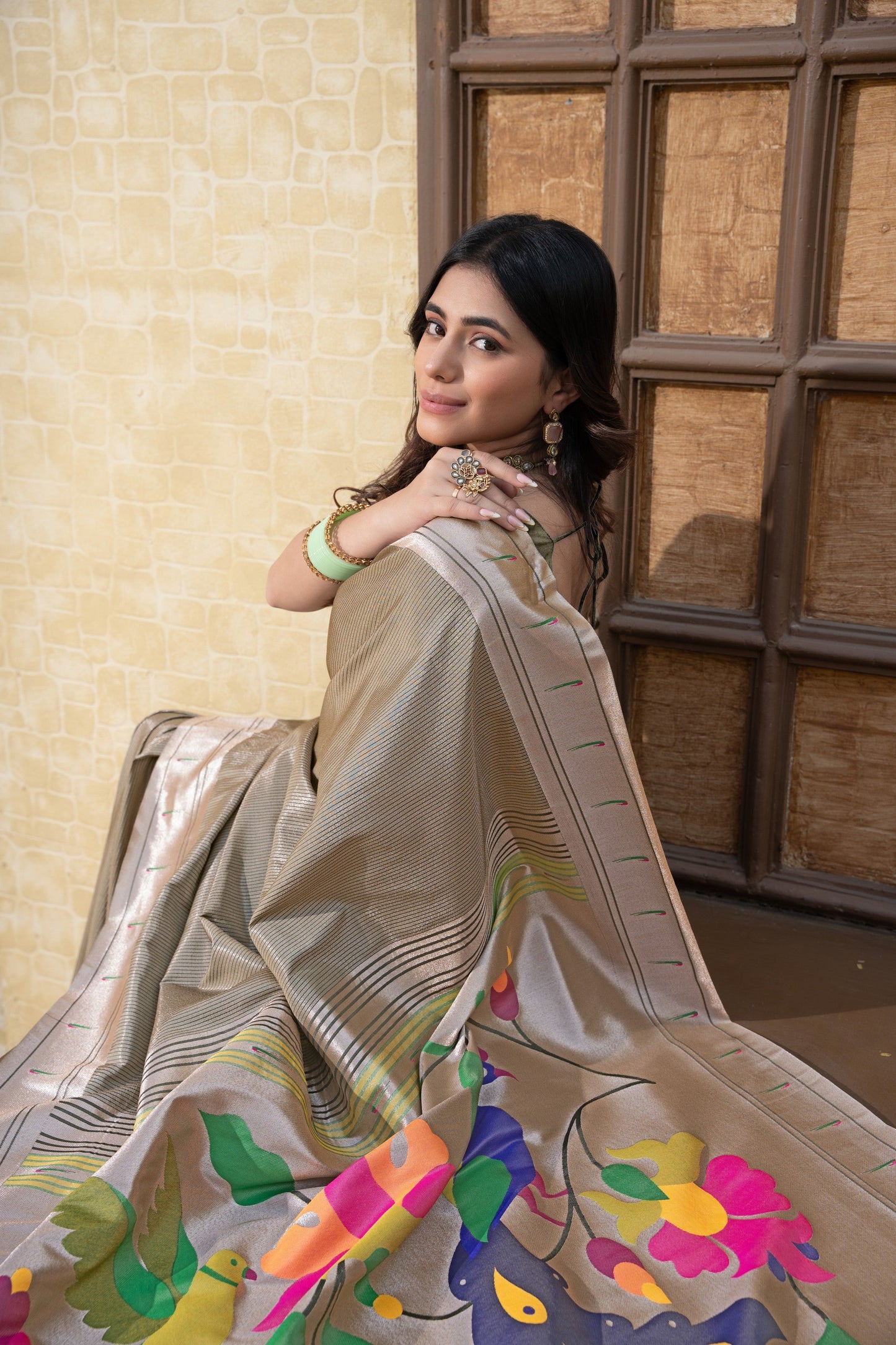 Dhiyona GR Women's Antara Grey Paithani Soft Blended Silk Saree