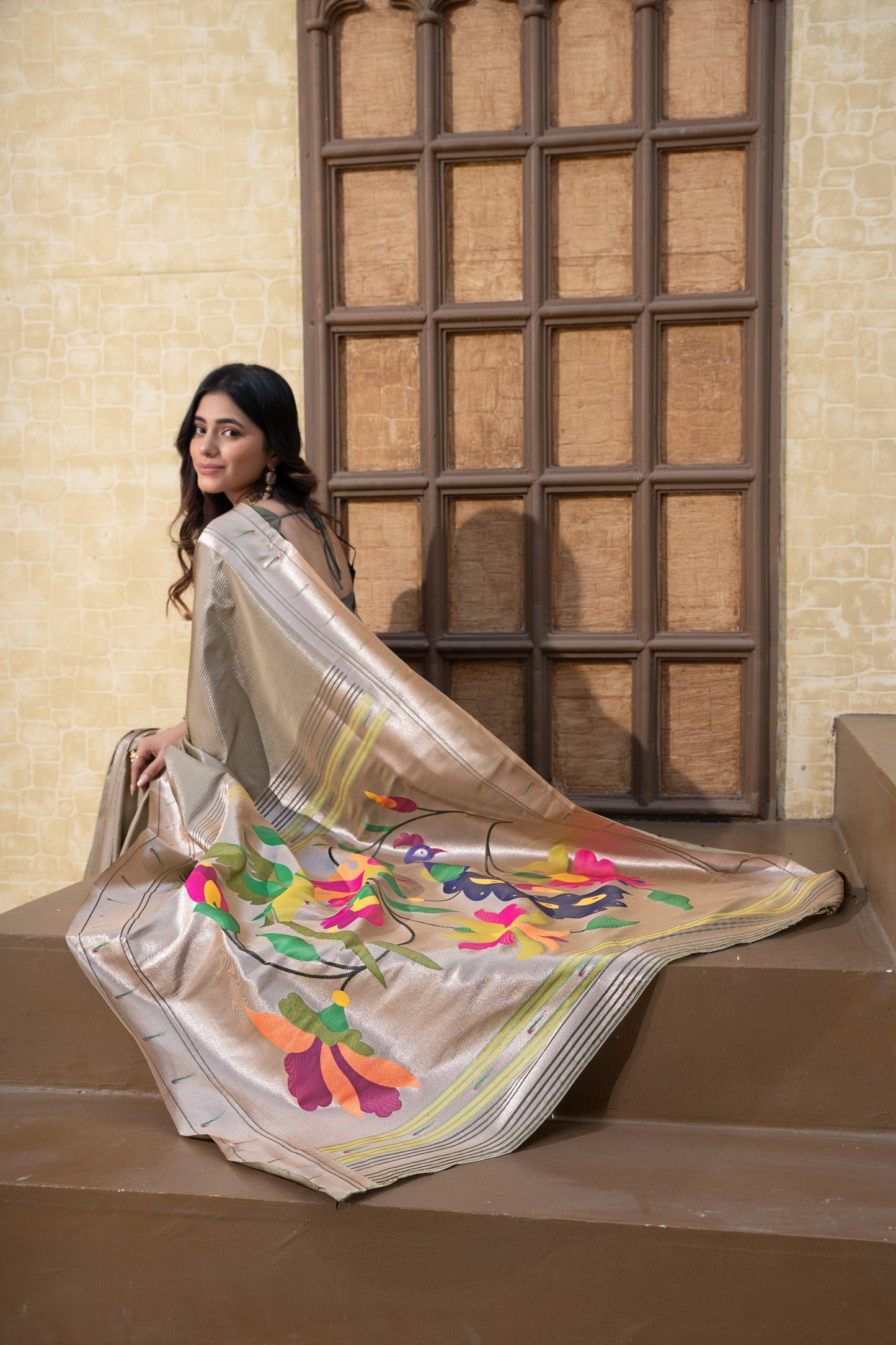 Dhiyona GR Women's Antara Grey Paithani Soft Blended Silk Saree