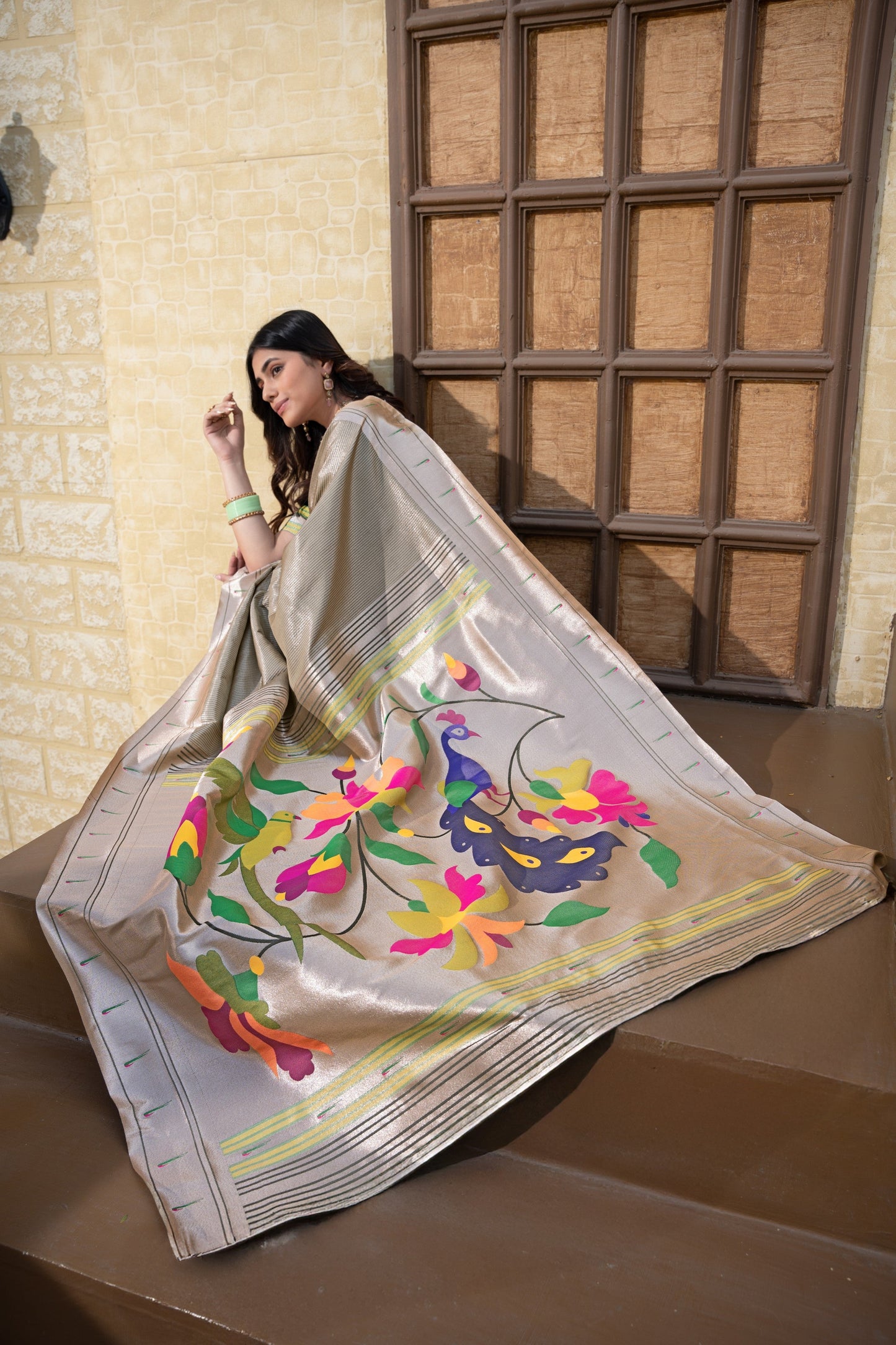 Dhiyona GR Women's Antara Grey Paithani Soft Blended Silk Saree