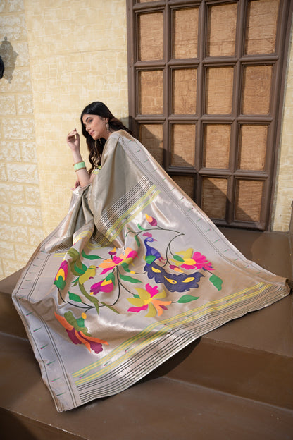 Dhiyona GR Women's Antara Grey Paithani Soft Blended Silk Saree