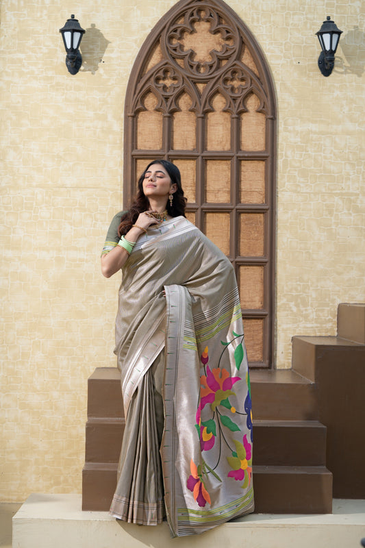 Dhiyona GR Women's Antara Grey Paithani Soft Blended Silk Saree