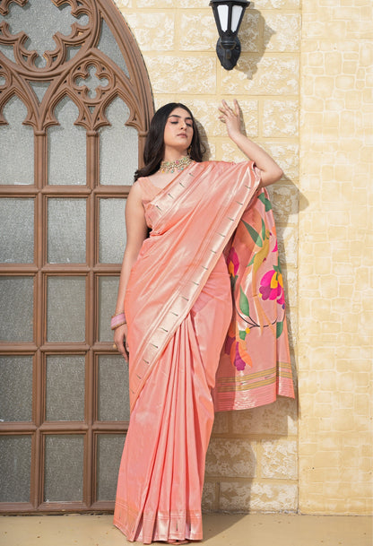 Dhiyona GR Women's Antara Peach Paithani Soft Blended Silk Saree