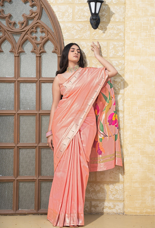 Dhiyona GR Women's Antara Peach Paithani Soft Blended Silk Saree