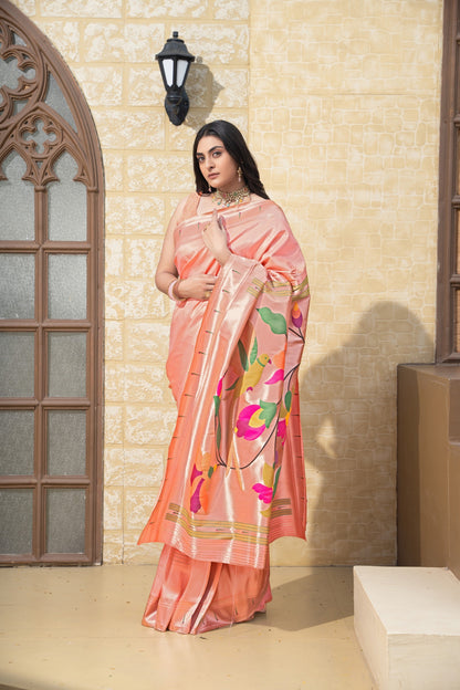 Dhiyona GR Women's Antara Peach Paithani Soft Blended Silk Saree