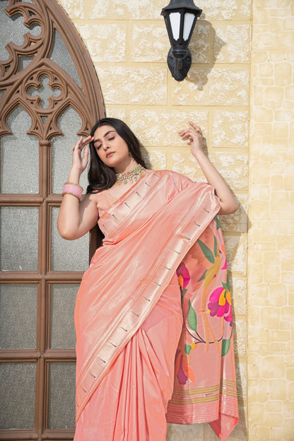 Dhiyona GR Women's Antara Peach Paithani Soft Blended Silk Saree