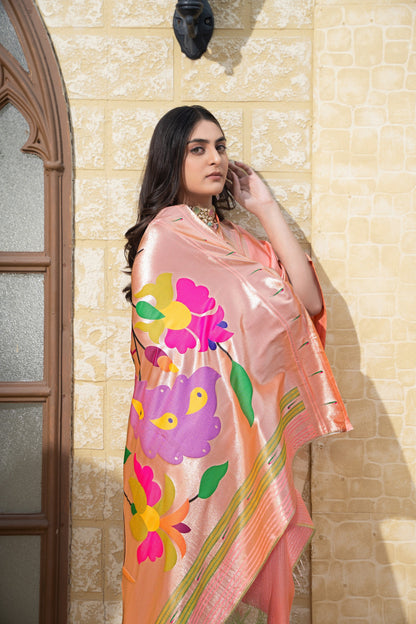 Dhiyona GR Women's Antara Peach Paithani Soft Blended Silk Saree