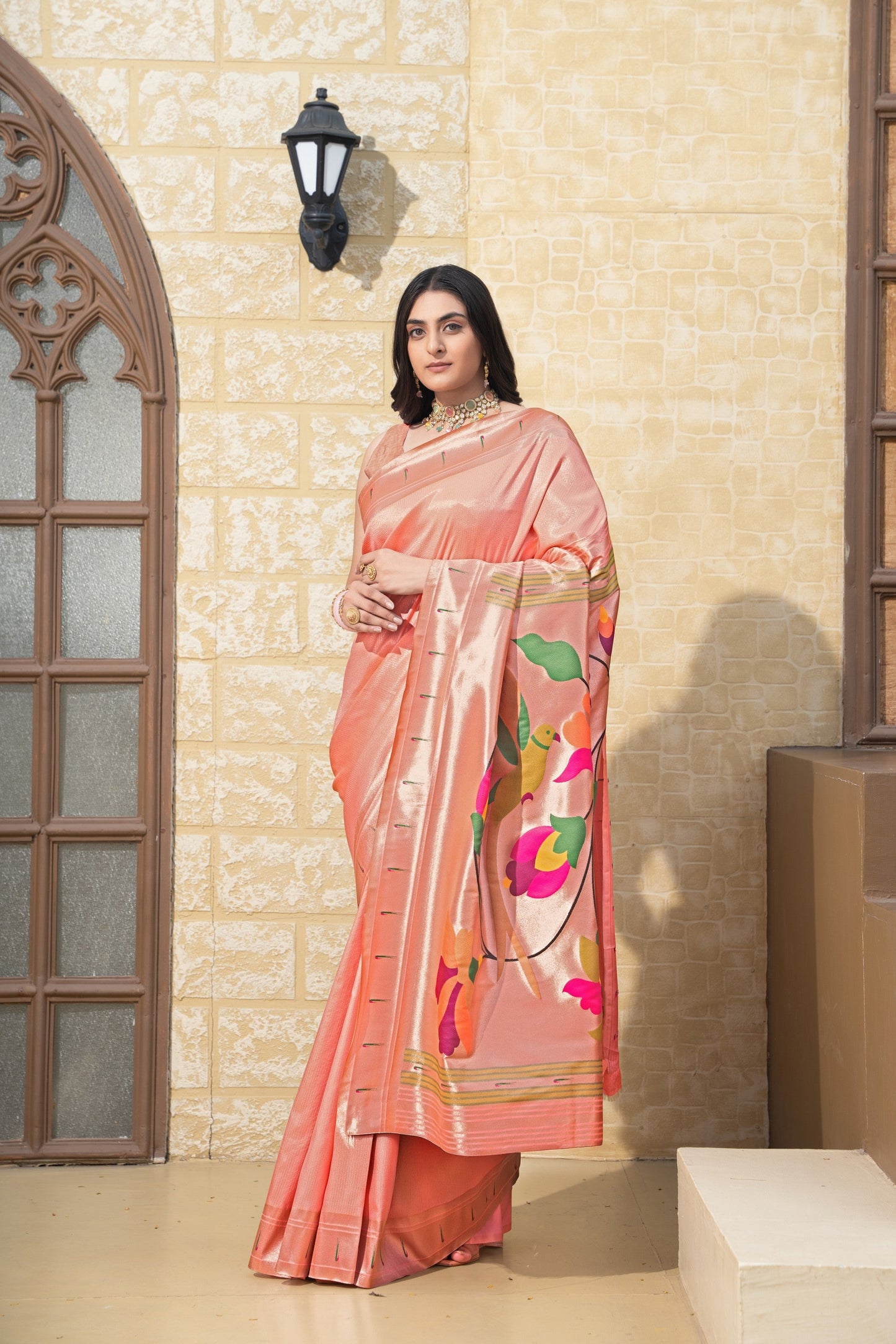 Dhiyona GR Women's Antara Peach Paithani Soft Blended Silk Saree