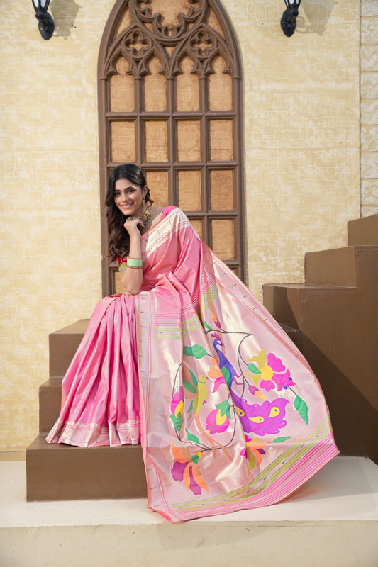 Dhiyona GR Women's Antara Pink Paithani Soft Blended Silk Saree